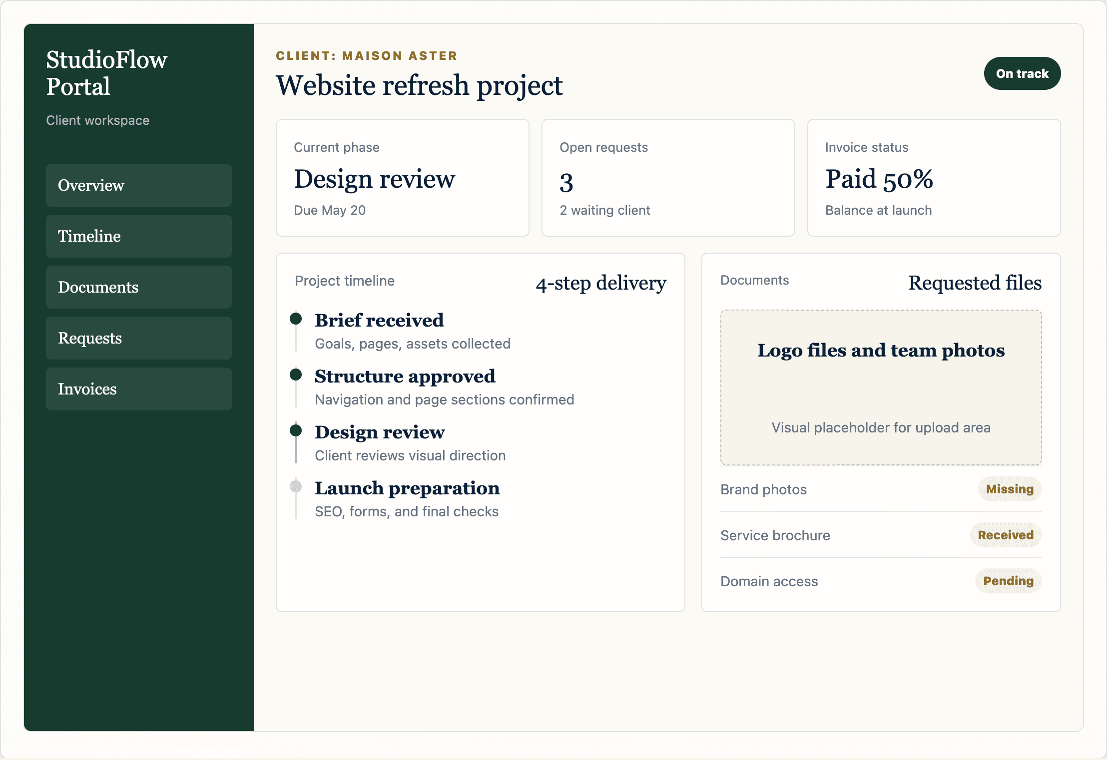 Anonymised client portal for project updates, documents and approvals